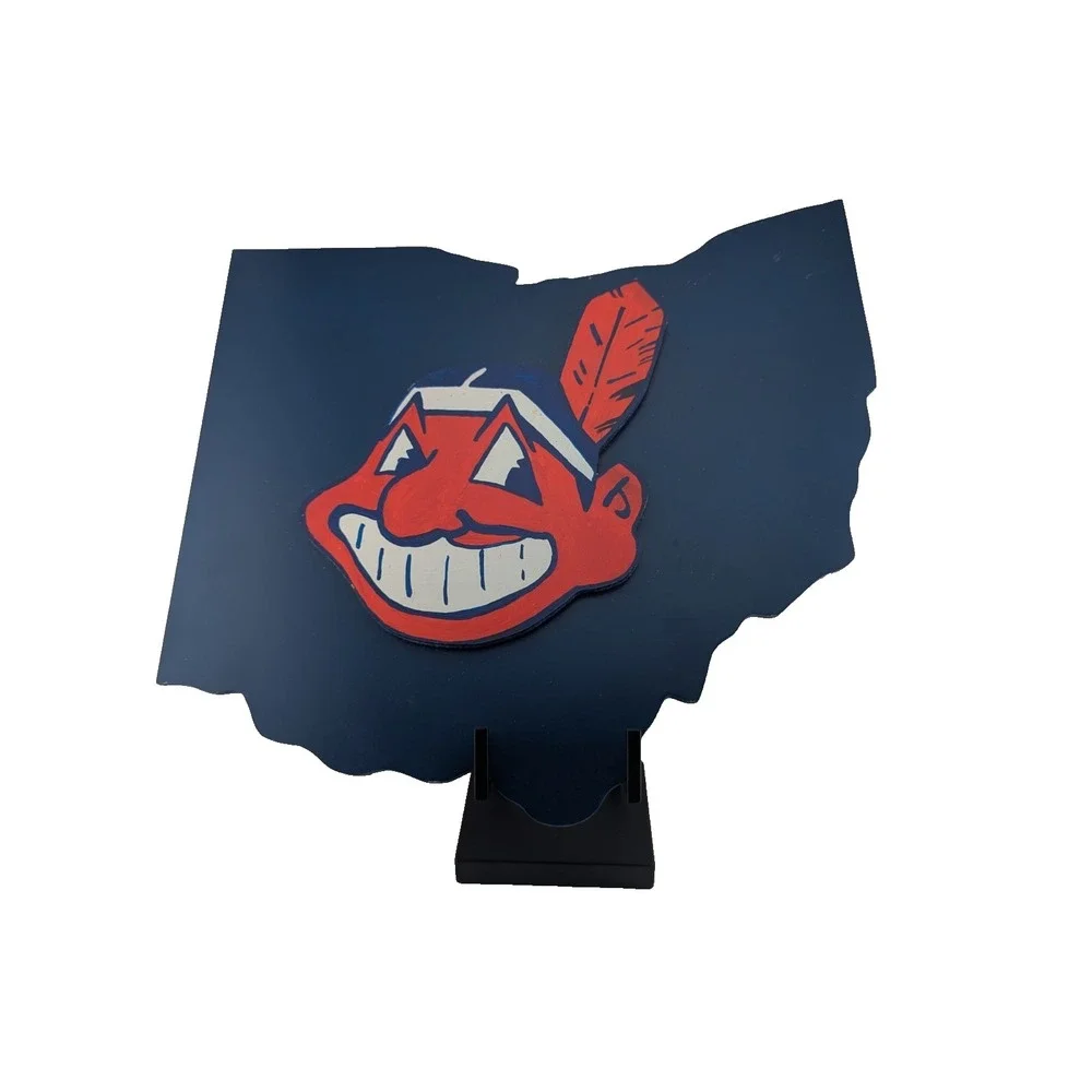 Cleveland Indians Chief Wahoo Logo Sign Wood Baseball Wall Art with Ohio 14